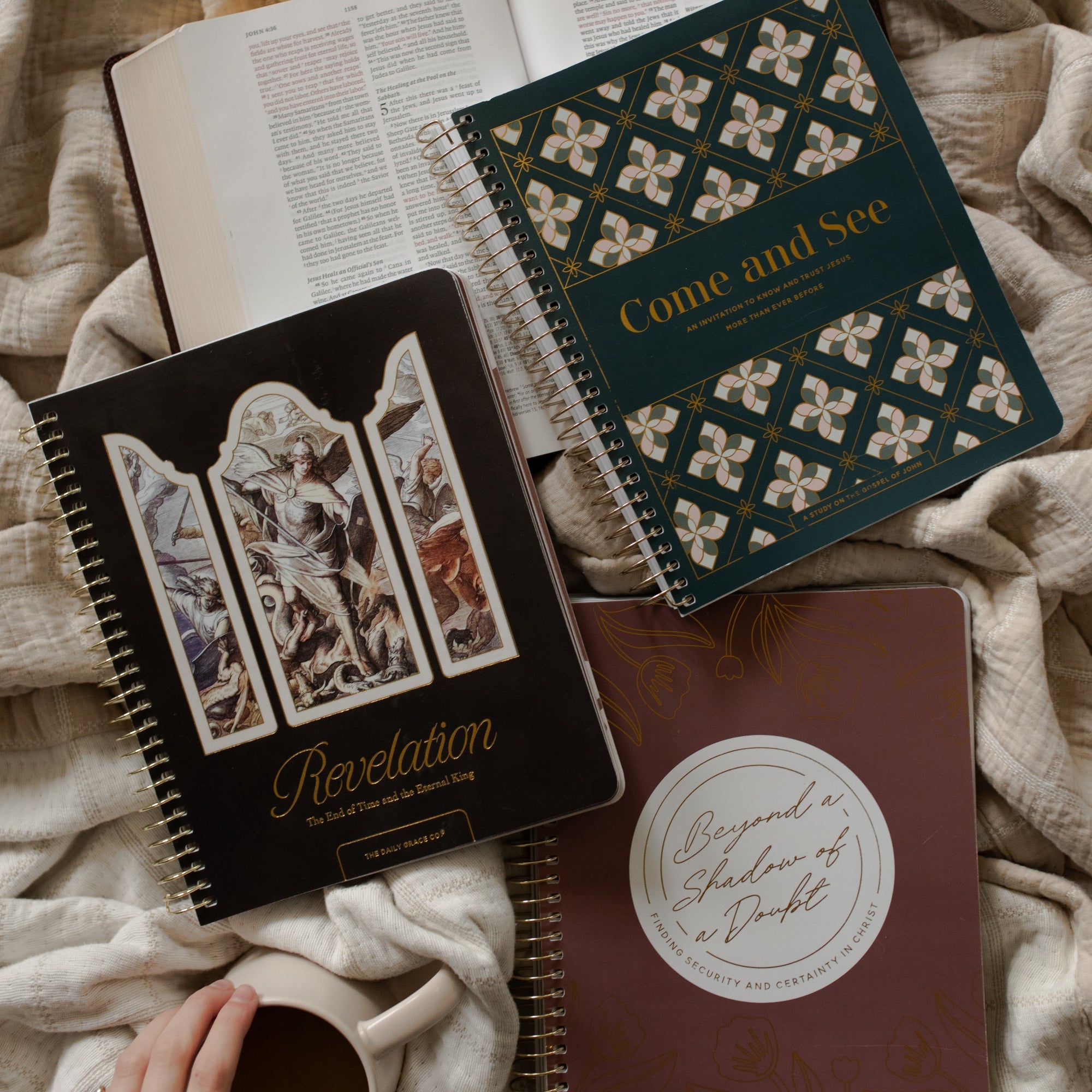 Bible study on book of Haggai on coffee table with Bible and mug