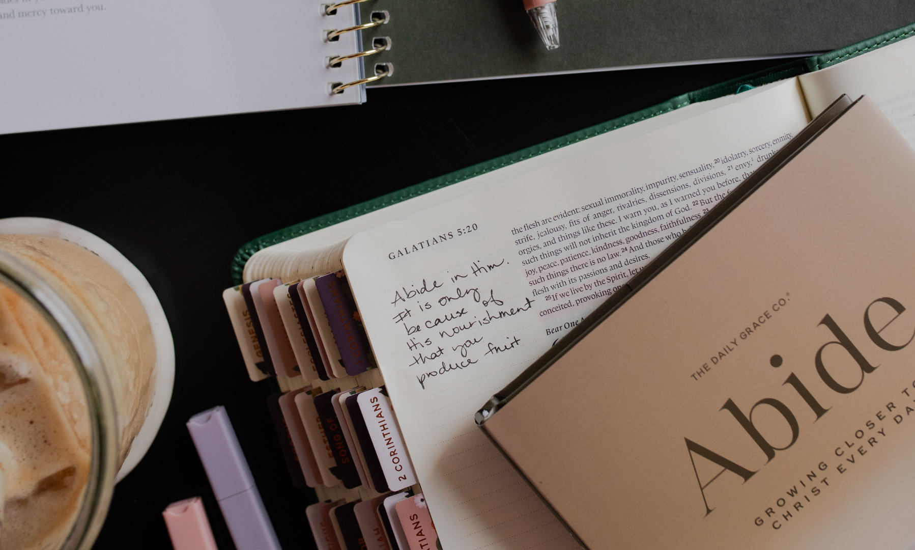 An Open bible with the Abide study resting on it